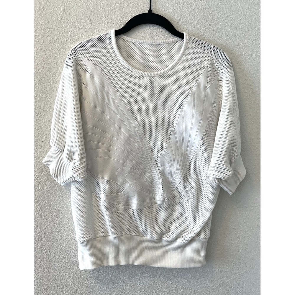 Vintage 80's Women's Top Batwing White Mesh Butterfly Motif Boho Cottagecore